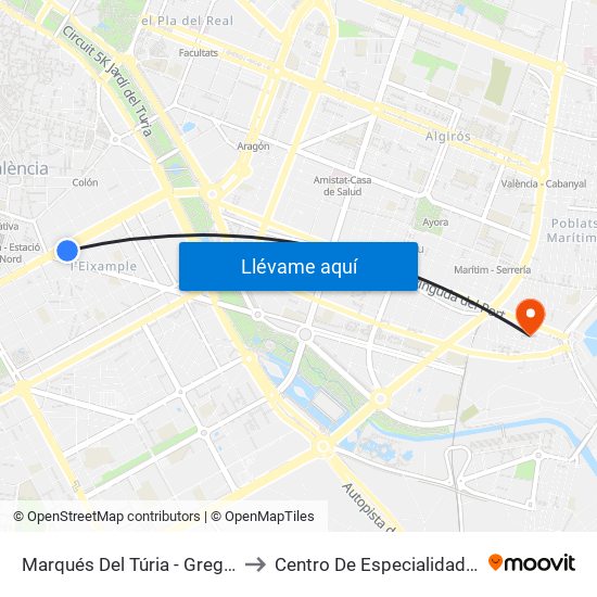 Marqués Del Túria - Gregori Maians to Centro De Especialidades El Grao map