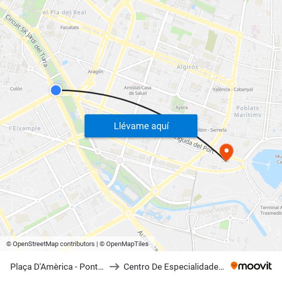 Plaça Amèrica to Centro De Especialidades El Grao map