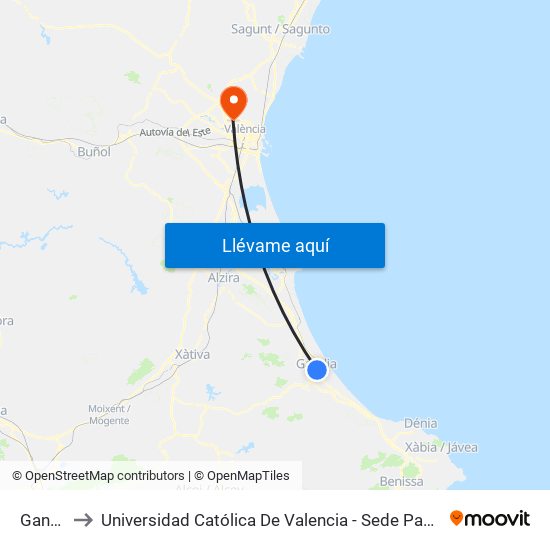 Gandía to Universidad Católica De Valencia - Sede Padre Jofre map