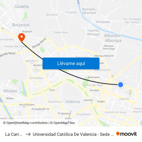 La Carrasca to Universidad Católica De Valencia - Sede Padre Jofre map