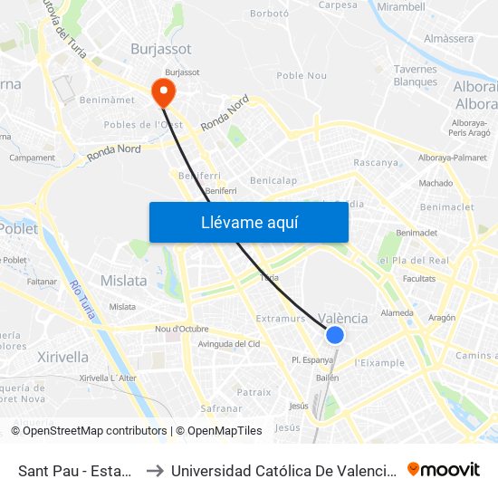 Estació Del Nord - Sant Pau to Universidad Católica De Valencia - Sede Padre Jofre map