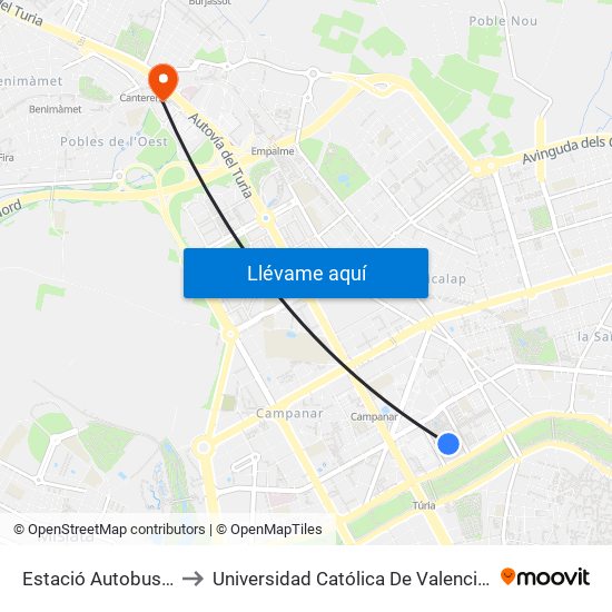 Estació Autobusos València to Universidad Católica De Valencia - Sede Padre Jofre map