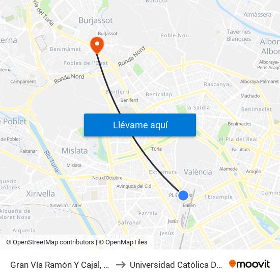 Gran Vía Ramón Y Cajal, 17 (Edificio La Once) [València] to Universidad Católica De Valencia - Sede Padre Jofre map