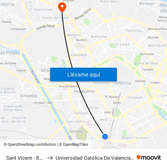 Sant Vicent  - Boulevar Sur to Universidad Católica De Valencia - Sede Padre Jofre map