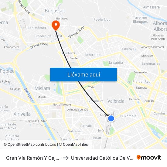 Gran Vía Ramón Y Cajal - C/ Bailén [València] to Universidad Católica De Valencia - Sede Padre Jofre map