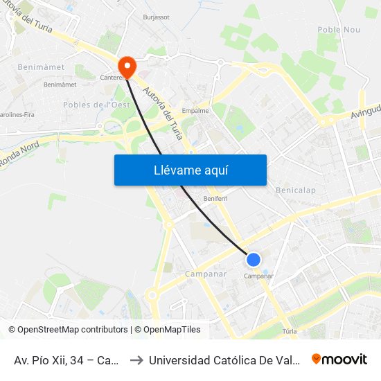Av. Pío Xii, 34 – Campanar [València] to Universidad Católica De Valencia - Sede Padre Jofre map