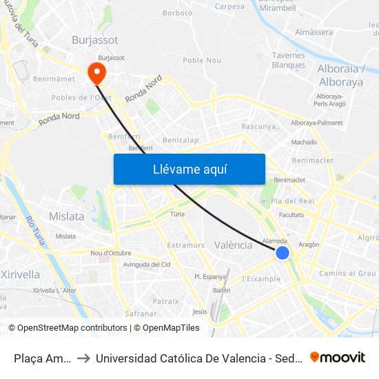 Plaça Amèrica to Universidad Católica De Valencia - Sede Padre Jofre map