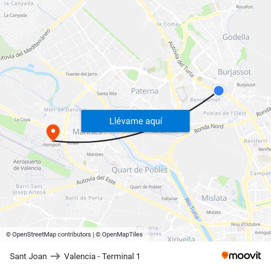 Sant Joan to Valencia - Terminal 1 map