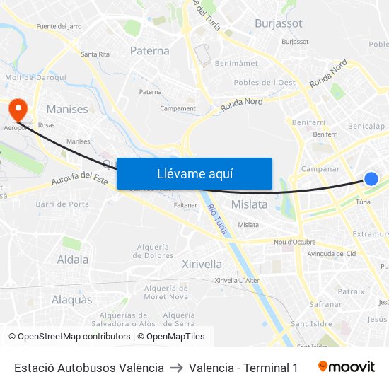 Estació Autobusos València to Valencia - Terminal 1 map