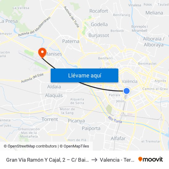 Gran Vía Ramón Y Cajal, 2 – C/ Bailén [València] to Valencia - Terminal 1 map