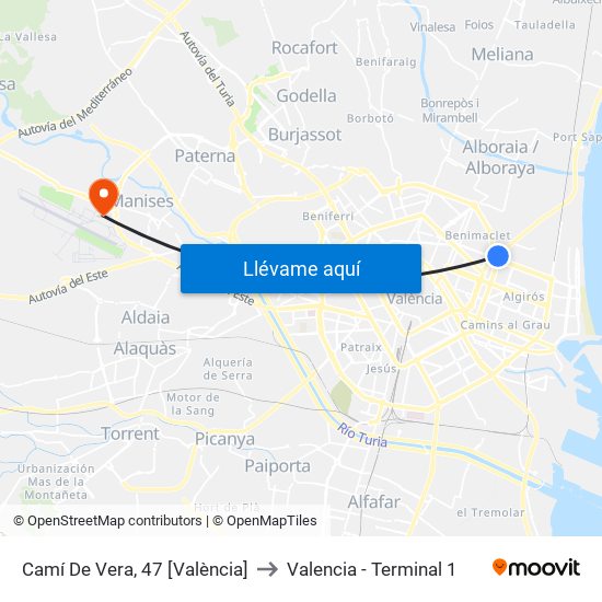 Camí De Vera, 47 [València] to Valencia - Terminal 1 map
