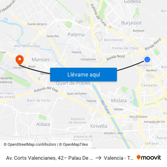 Av. Corts Valencianes, 42– Palau De Congressos [València] to Valencia - Terminal 1 map
