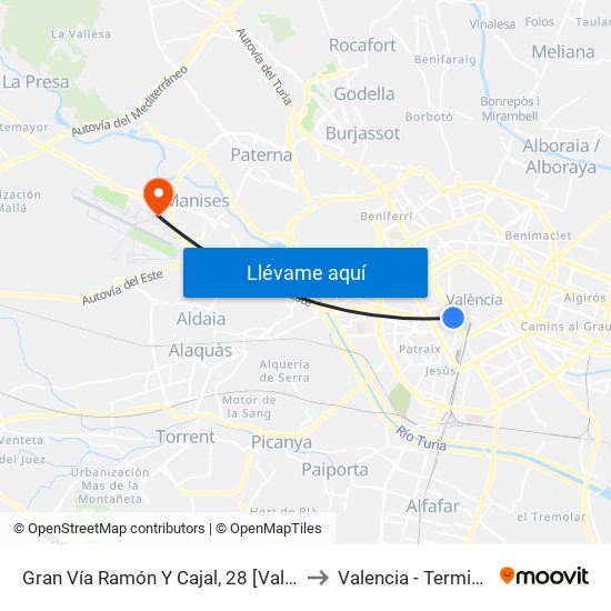 Gran Vía Ramón Y Cajal, 28 [València] to Valencia - Terminal 1 map