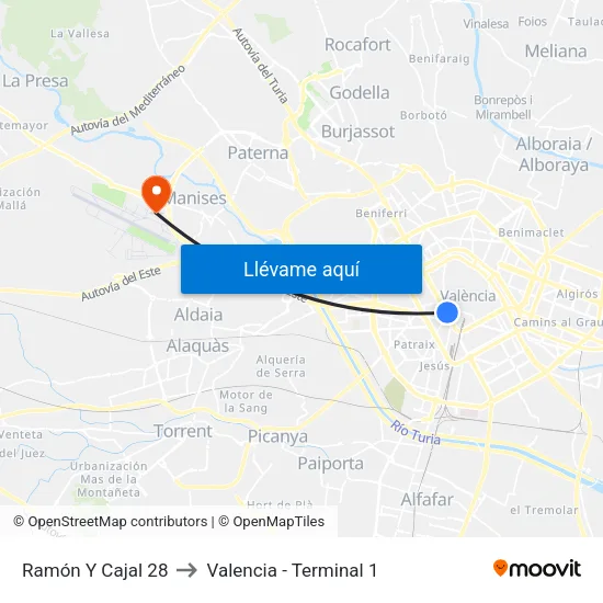 València. Ramón Y Cajal (Parell) - Jesús to Valencia - Terminal 1 map