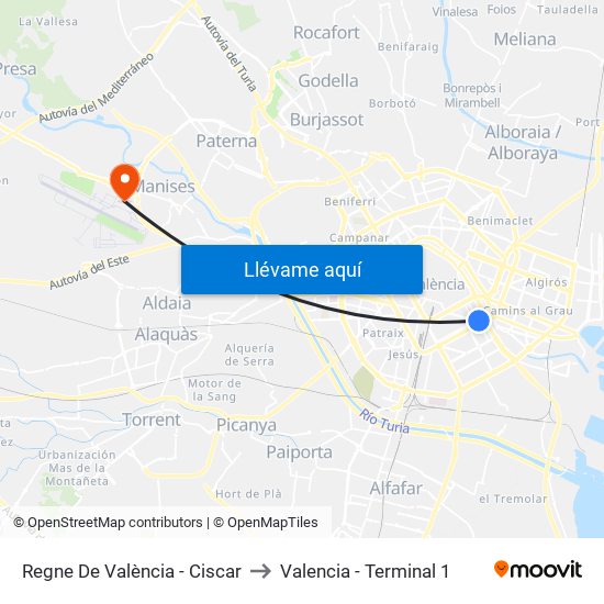 Regne De València - Ciscar to Valencia - Terminal 1 map