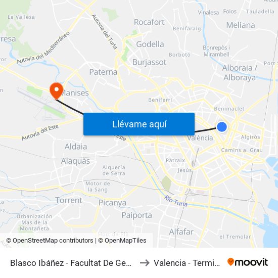 Facultats to Valencia - Terminal 1 map