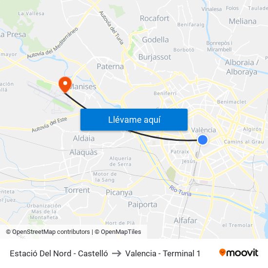 Estació Del Nord - Castelló to Valencia - Terminal 1 map