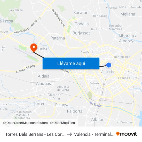 Les Corts to Valencia - Terminal 1 map