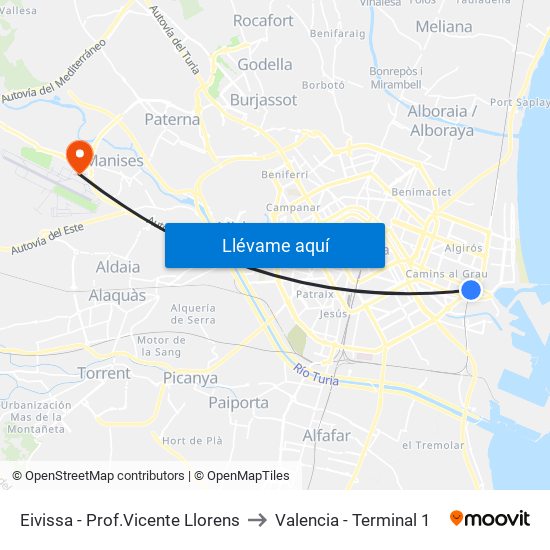 Eivissa - Prof.Vicente Llorens to Valencia - Terminal 1 map