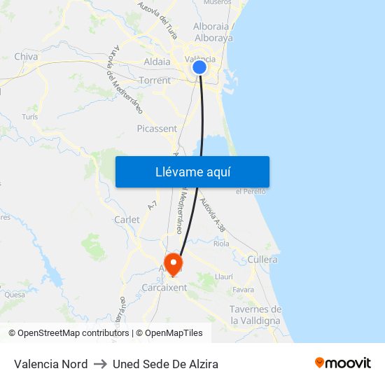 Valencia Nord to Uned Sede De Alzira map
