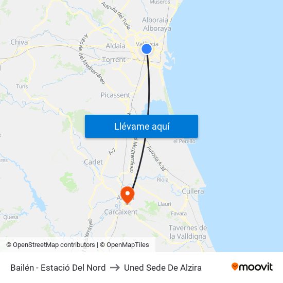 Bailén - Estació Del Nord to Uned Sede De Alzira map