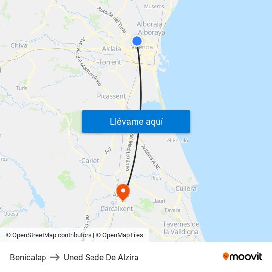 Benicalap to Uned Sede De Alzira map