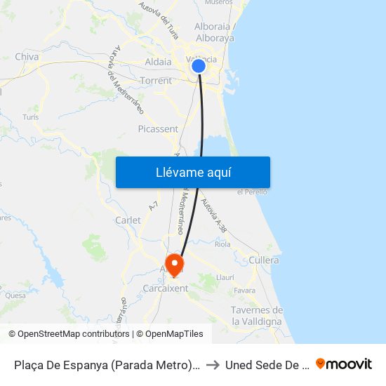 Plaça De Espanya (Parada Metro) [València] to Uned Sede De Alzira map