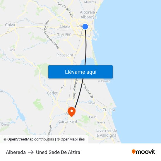 Albereda to Uned Sede De Alzira map