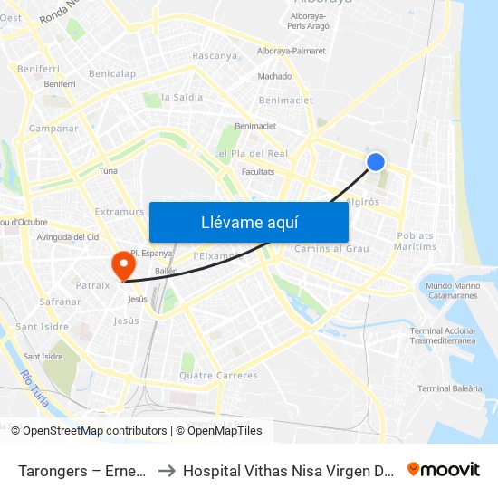 Tarongers – Ernest Lluch to Hospital Vithas Nisa Virgen Del Consuelo map