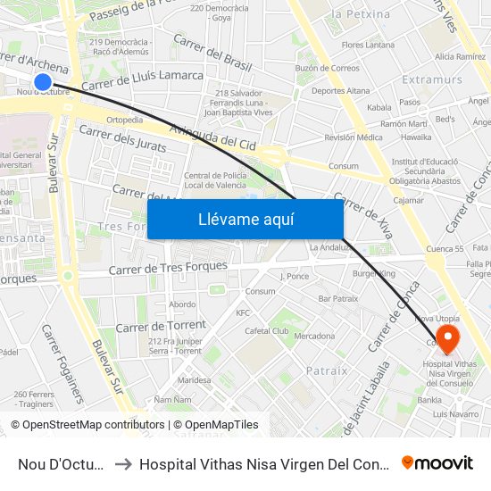 Nou D'Octubre to Hospital Vithas Nisa Virgen Del Consuelo map