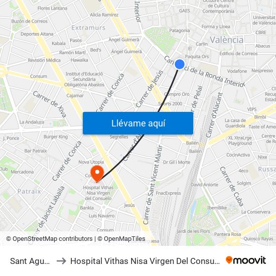 Estació Del Nord - Guillem De Castro to Hospital Vithas Nisa Virgen Del Consuelo map