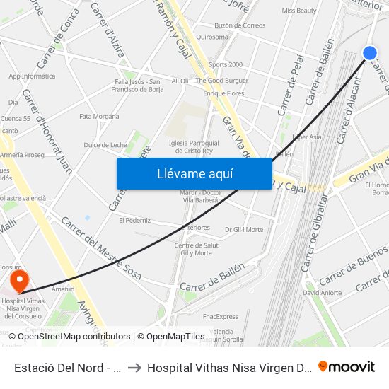 Estació Del Nord - Castelló to Hospital Vithas Nisa Virgen Del Consuelo map