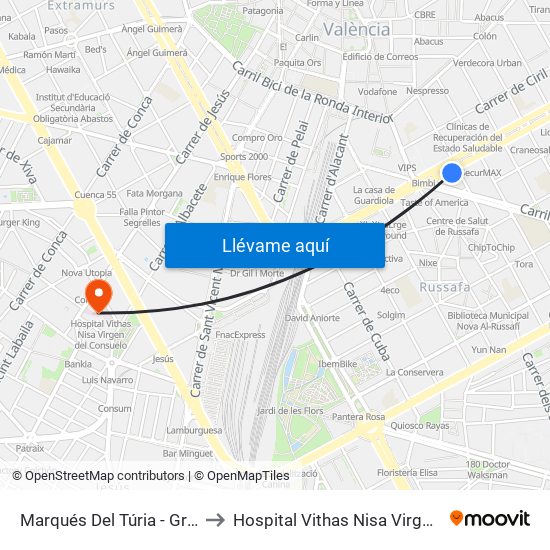 Marqués Del Túria - Gregori Maians to Hospital Vithas Nisa Virgen Del Consuelo map