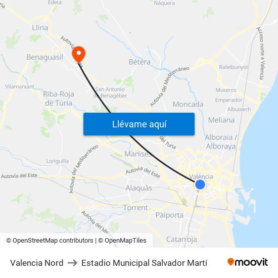 Valencia Nord to Estadio Municipal Salvador Martí map