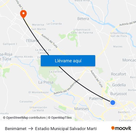 Benimàmet to Estadio Municipal Salvador Martí map