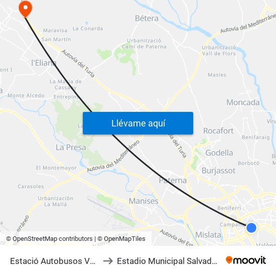 Estació Autobusos València to Estadio Municipal Salvador Martí map