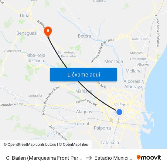 C. Bailen (Marquesina Front Parada Taxis) Estació Ave [València] to Estadio Municipal Salvador Martí map