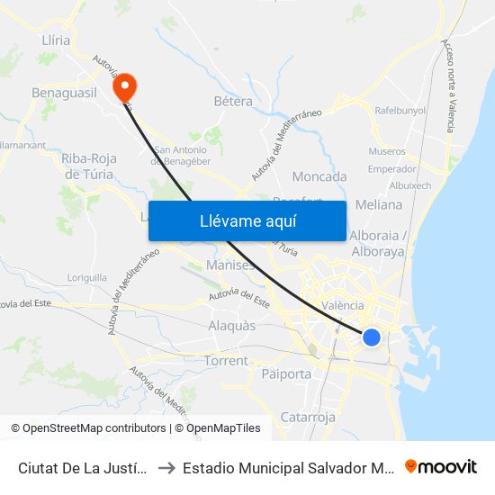 Ciutat De La Justícia to Estadio Municipal Salvador Martí map