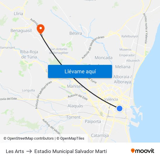 Les Arts to Estadio Municipal Salvador Martí map