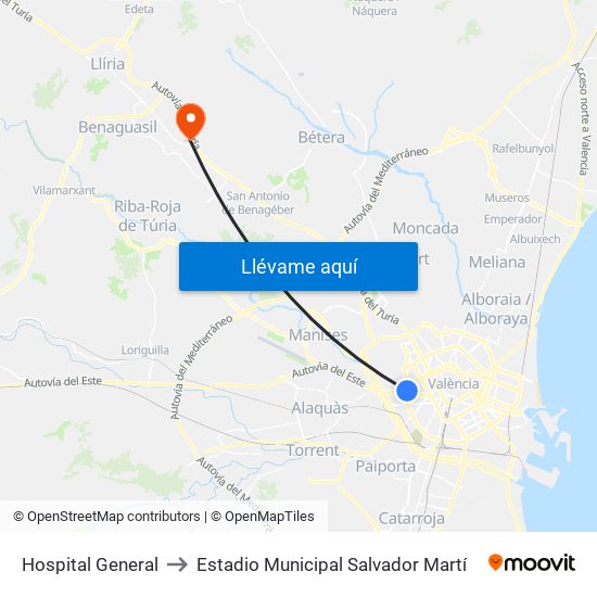 Hospital General to Estadio Municipal Salvador Martí map