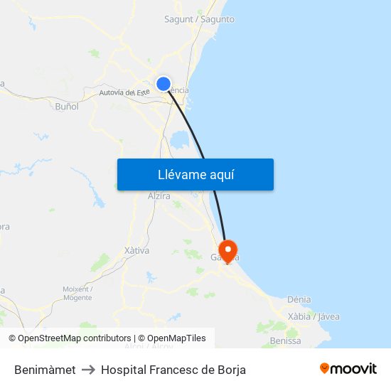 Benimàmet to Hospital Francesc de Borja map