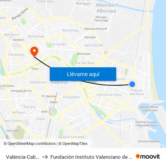 València-Cabanyal to Fundación Instituto Valenciano de Oncología map
