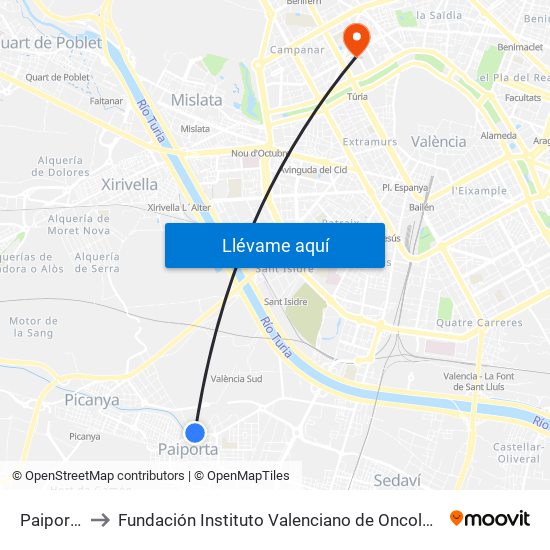 Paiporta to Fundación Instituto Valenciano de Oncología map