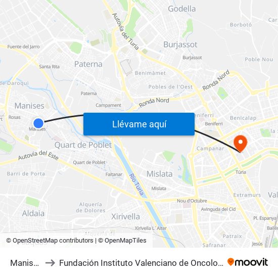Manises to Fundación Instituto Valenciano de Oncología map