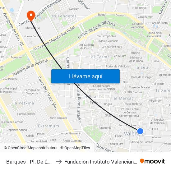 Barques - Pl. De L'Ajuntament to Fundación Instituto Valenciano de Oncología map