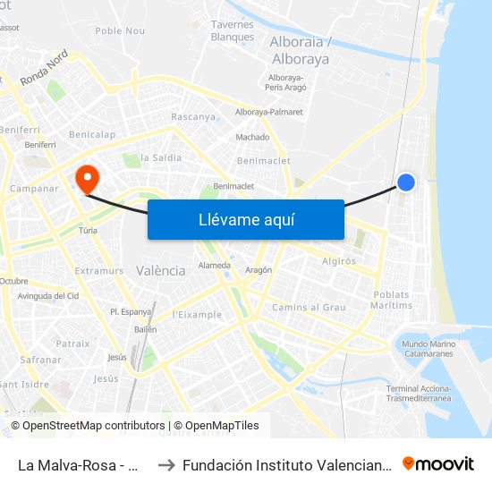 La Malva-Rosa - Mendizábal to Fundación Instituto Valenciano de Oncología map