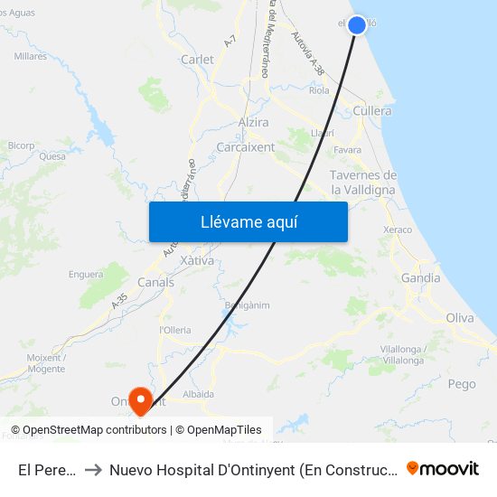 El Perelló to Nuevo Hospital D'Ontinyent (En Construcción) map