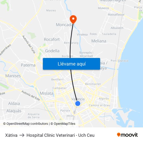 Xàtiva to Hospital Clínic Veterinari - Uch Ceu map