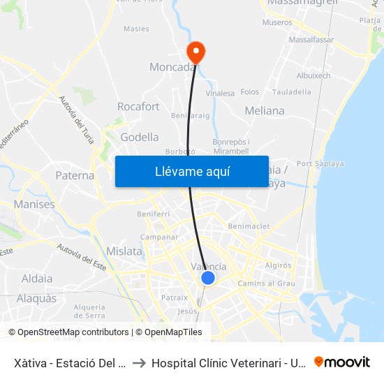 Xàtiva - Estació Del Nord to Hospital Clínic Veterinari - Uch Ceu map