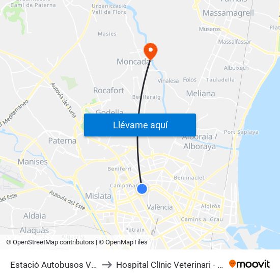 Estació Autobusos València to Hospital Clínic Veterinari - Uch Ceu map